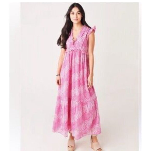 Banjanan Constance Pink Maiden Grass Raspberry Rose Midi Dress Sz XS Ruffle - Picture 1 of 14